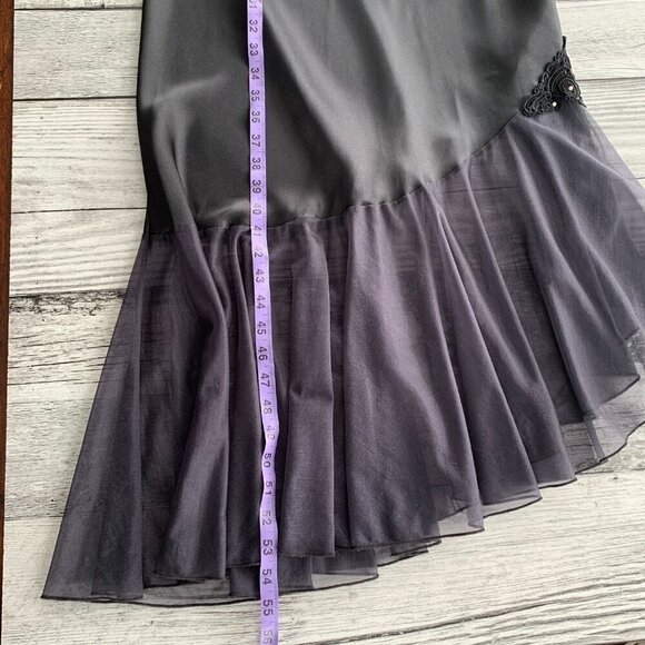 Vintage 90s Black Satin Asymmetric Sheer Ruffle Hem Maxi Slip Dress - Picture 14 of 14
